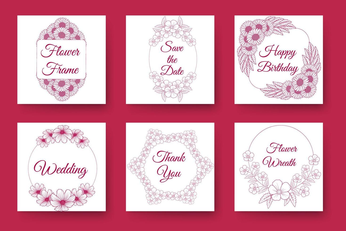 flowers and floral wreath wedding invitation frame design with elegant viva magenta backgrounds vector