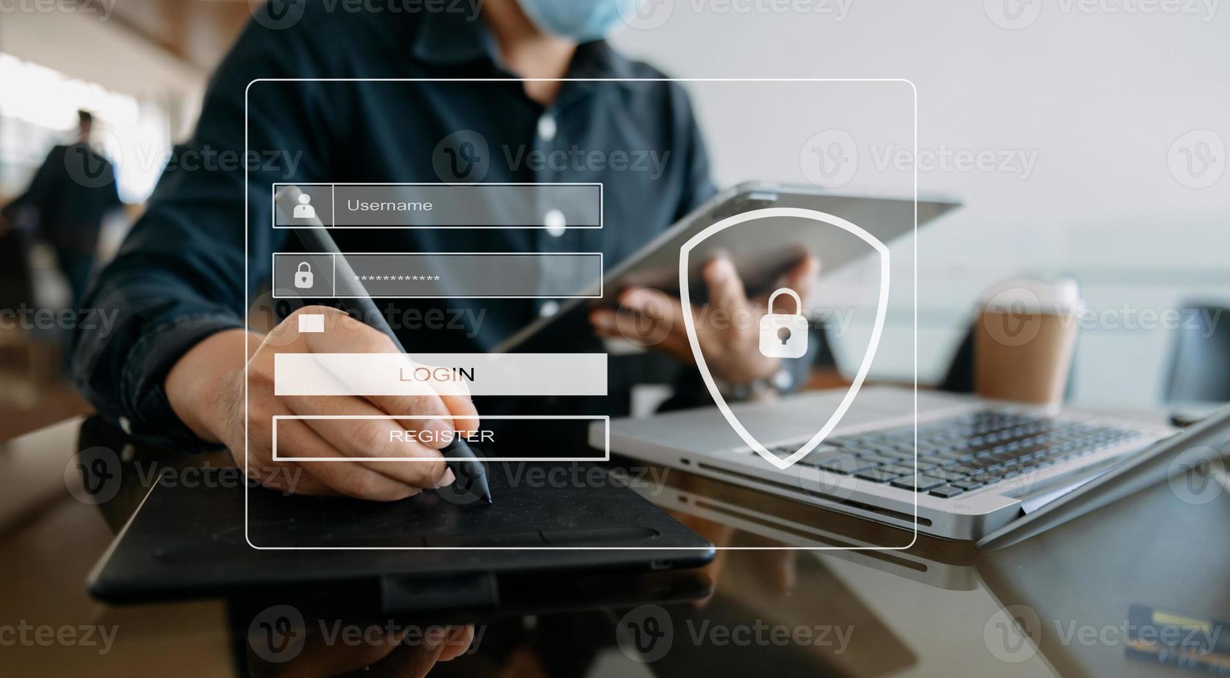 Cyber security concept, Login, User, identification information security and encryption, secure access to user's personal information woman using smart phone and tablet in office photo