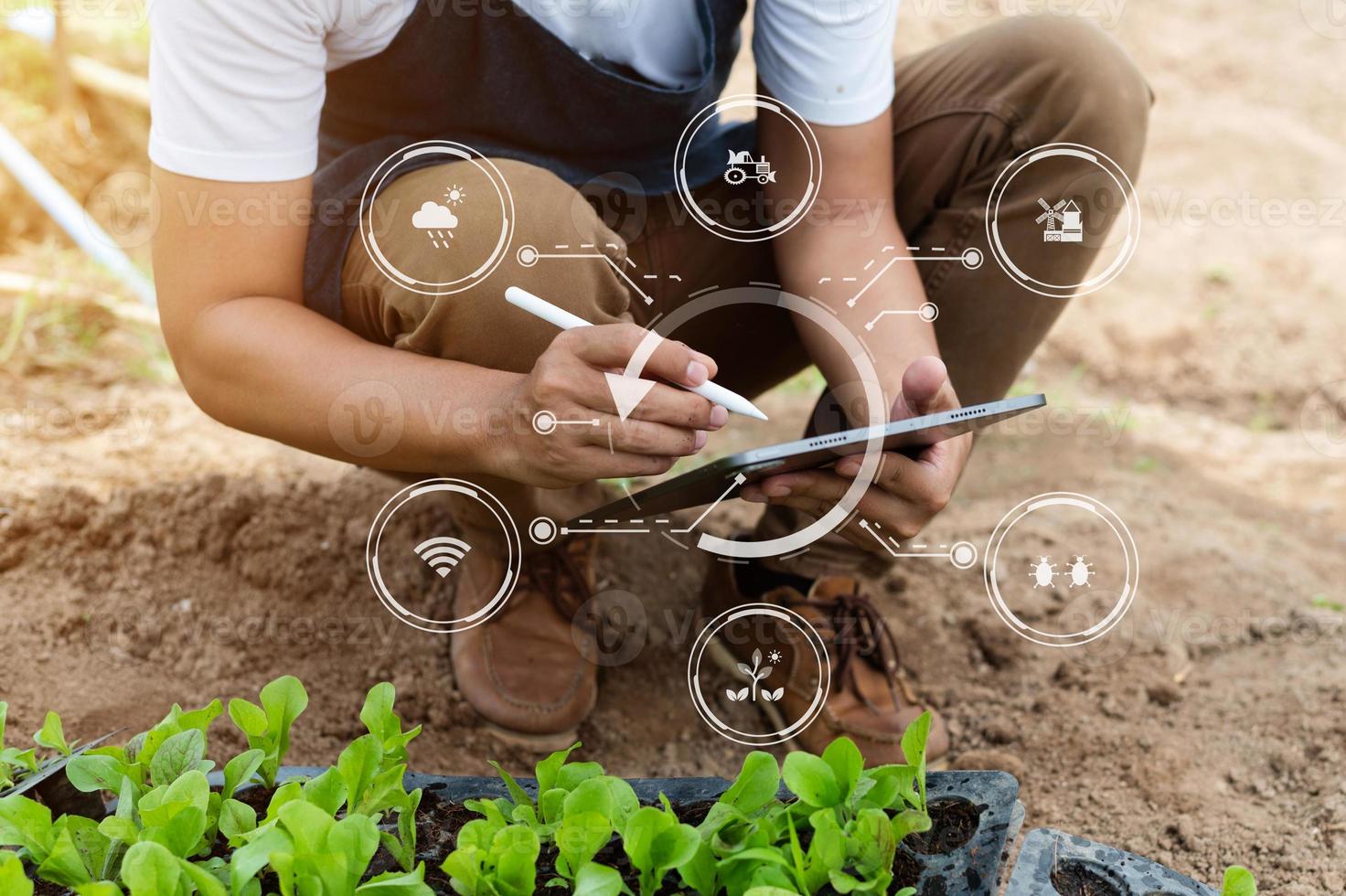 Smart farmer using application by smartphone concepts modern agricultural technology and visual icon. photo