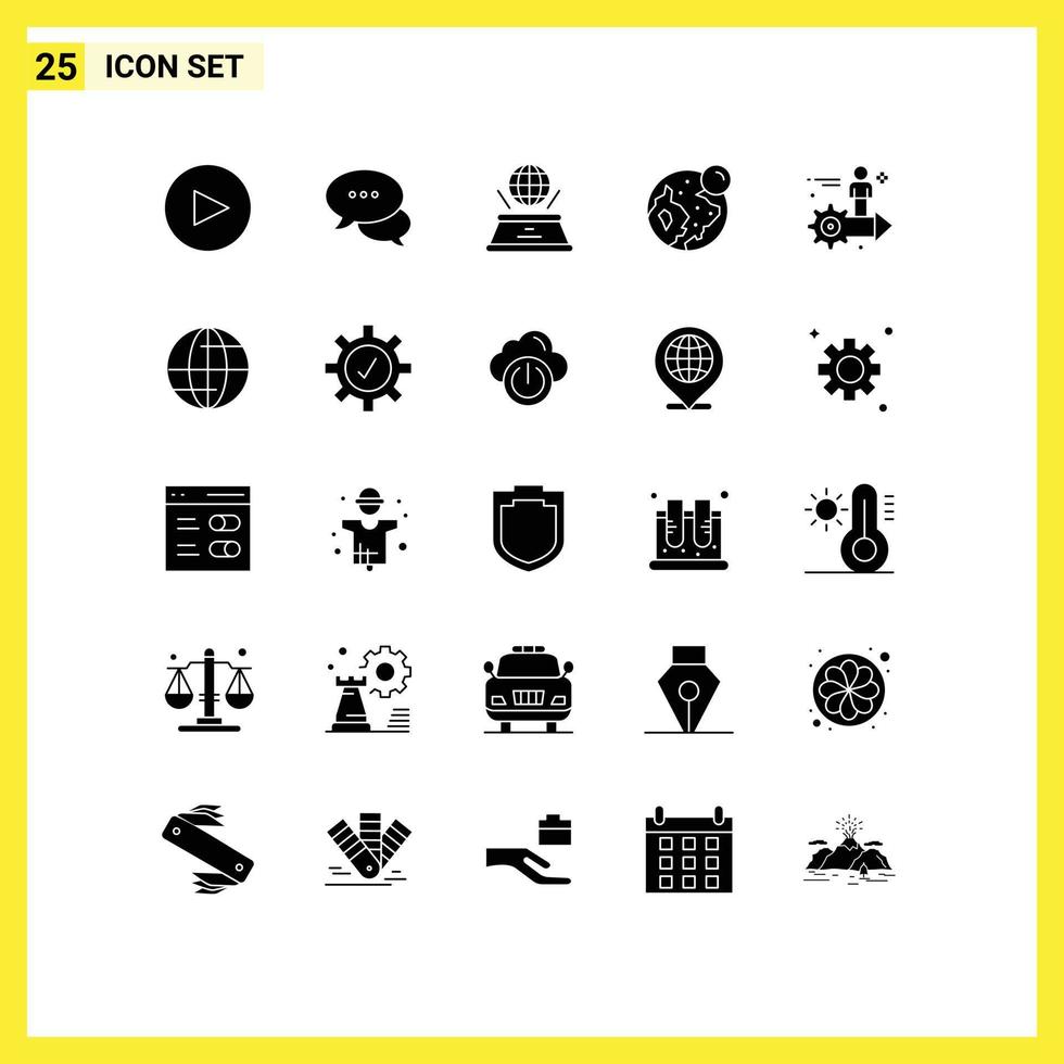 Mobile Interface Solid Glyph Set of 25 Pictograms of user gear imagination setting world Editable Vector Design Elements