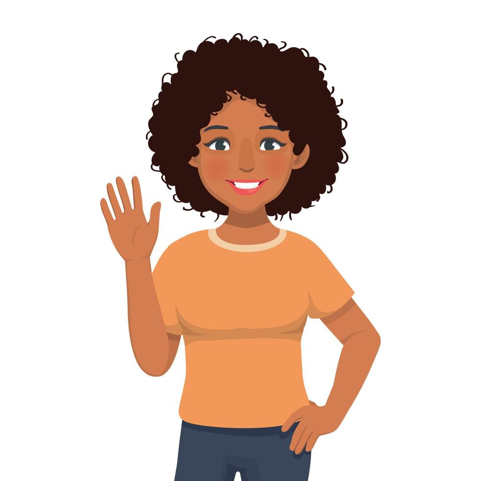 Happy young African woman with hand on waist waving hand and say hello greeting gesture vector