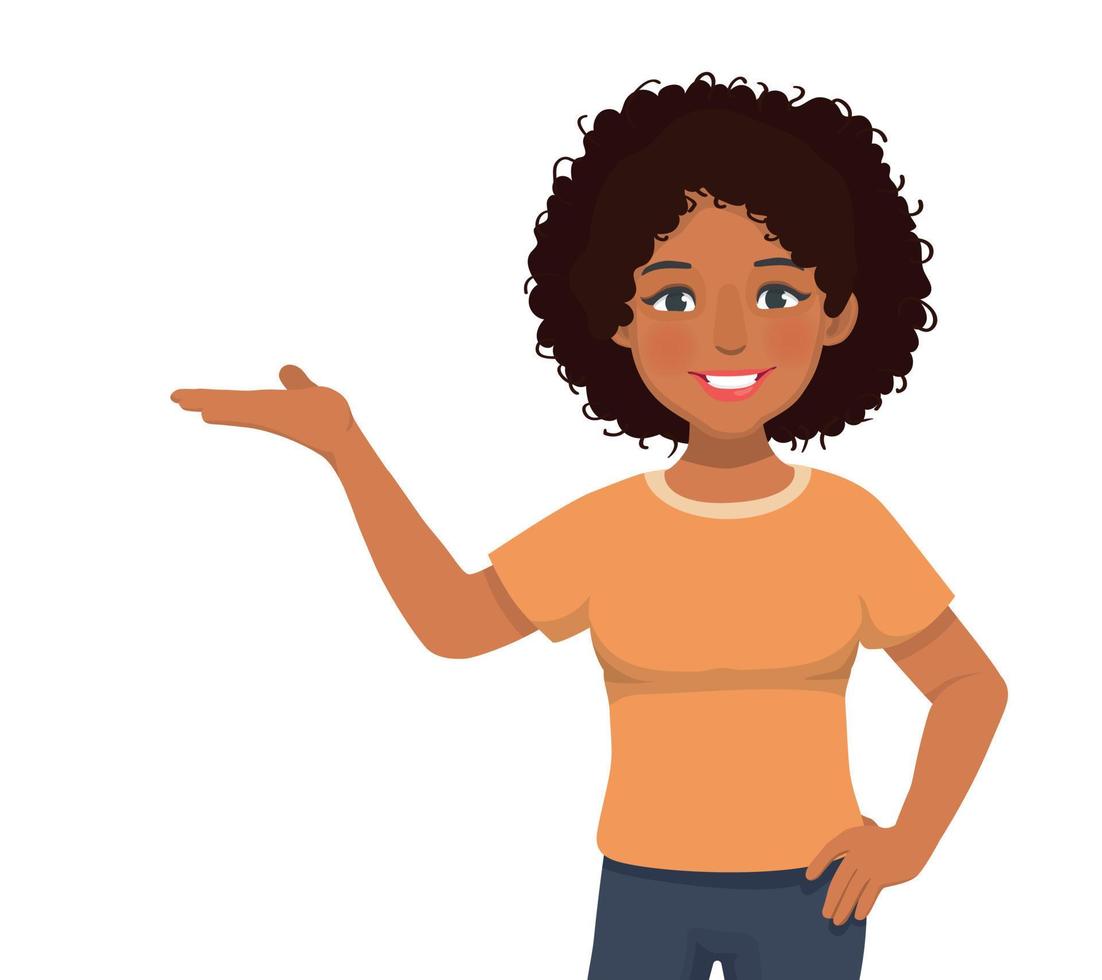 Happy young African woman with hand on waist showing presenting open hand palm with copy space for product advertisements vector