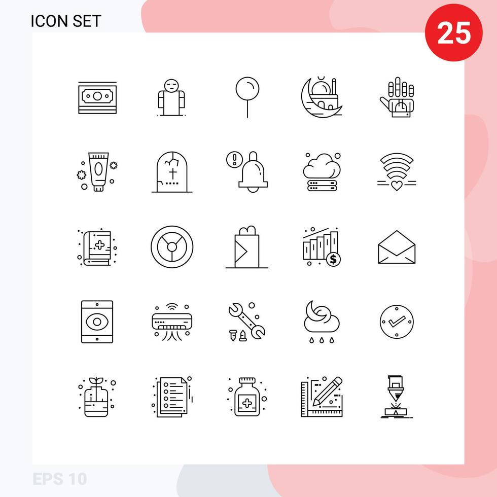 Pack of 25 Modern Lines Signs and Symbols for Web Print Media such as tracking mosque location moon crescent Editable Vector Design Elements