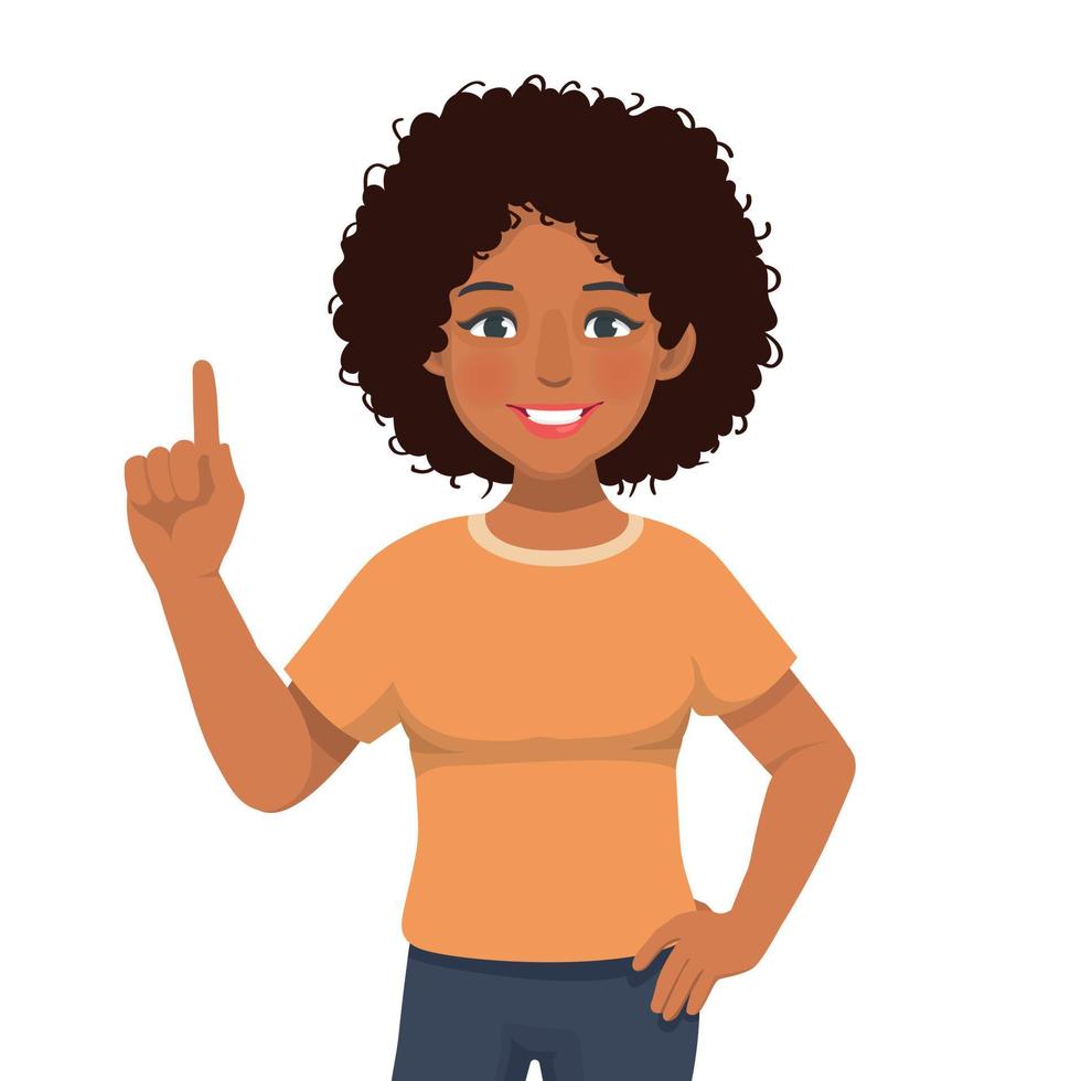 Happy young African woman with hand on waist showing presenting pointing finger to copy space for product advertisements vector