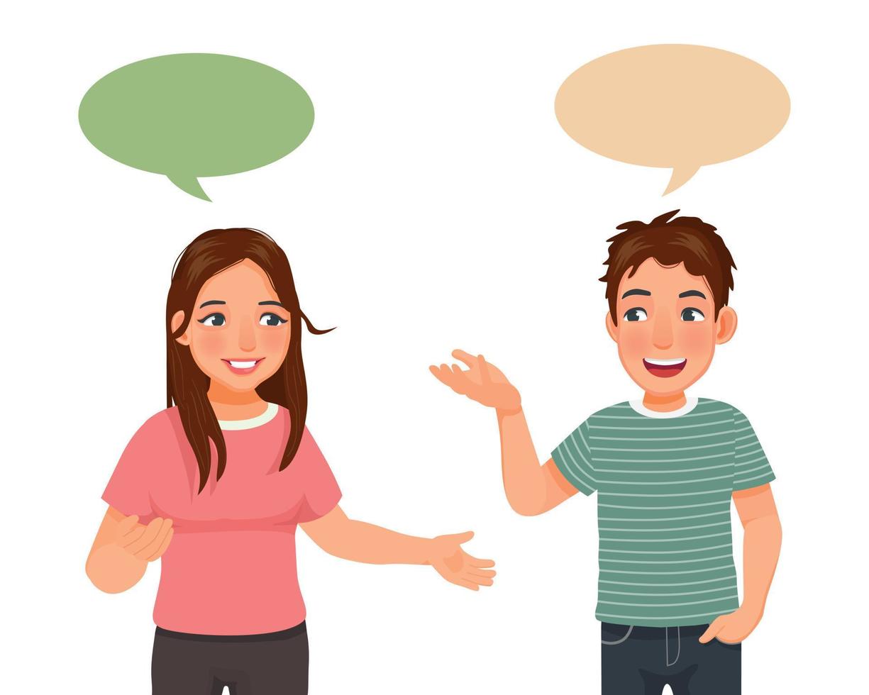 young couples woman and man having conversation talking to each others with speech bubbles vector