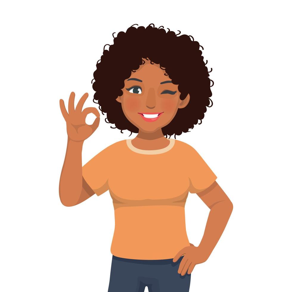 Happy young African woman winking showing okay hand sign gestures vector