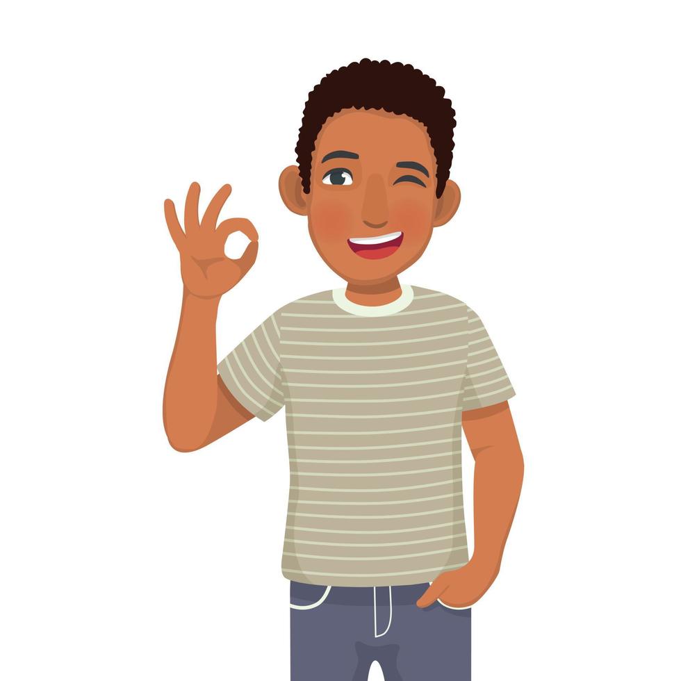 Happy young African man winking showing okay hand sign gestures vector