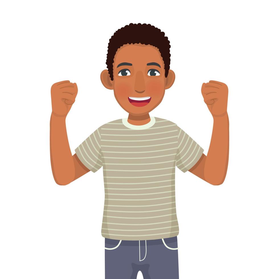 Happy young African man showing his fists and arm muscle confidence proud winning gesture vector