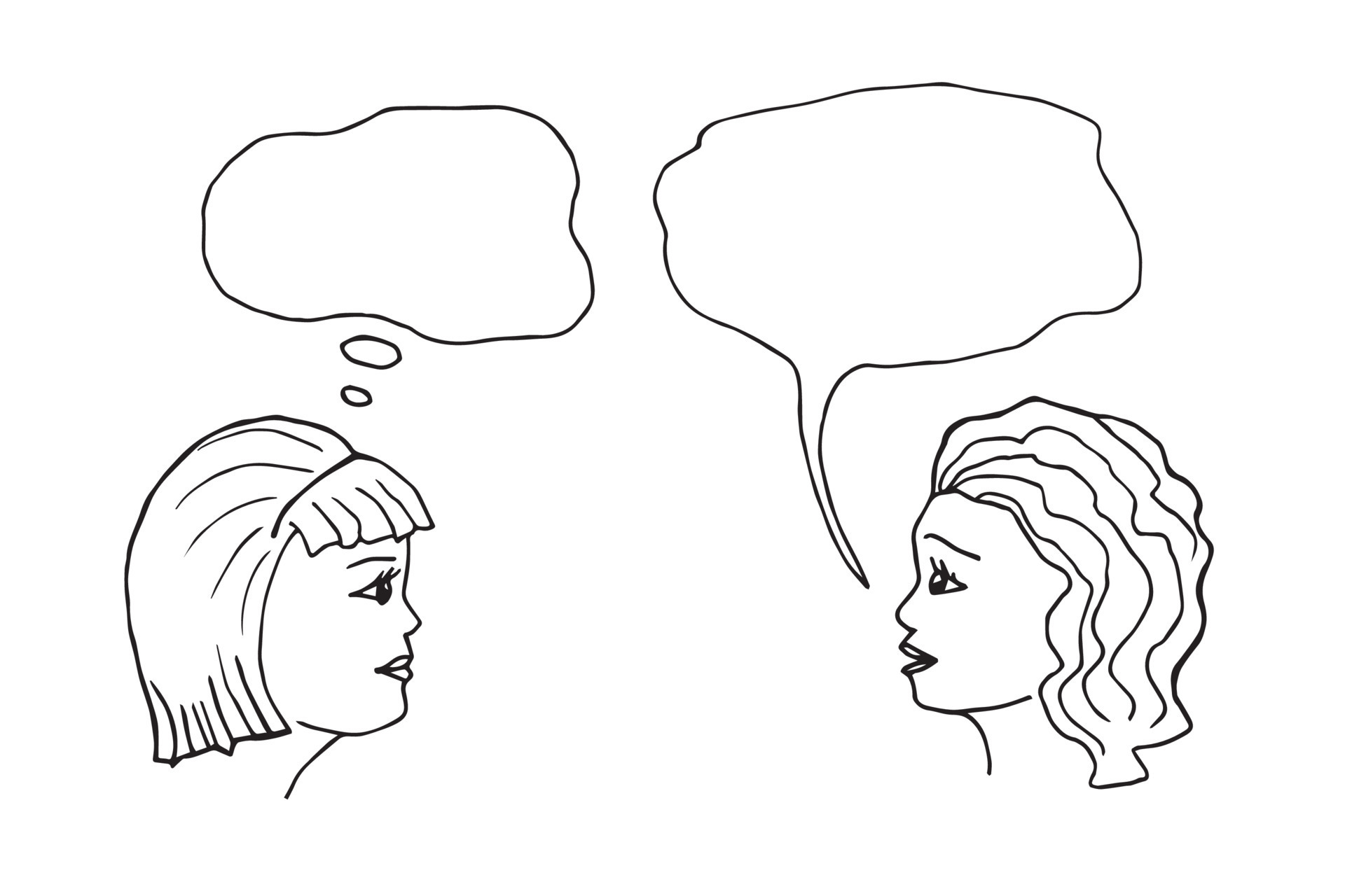 Simple vector freehand drawing in black outline. Lovely girlfriends, women talk, gossip