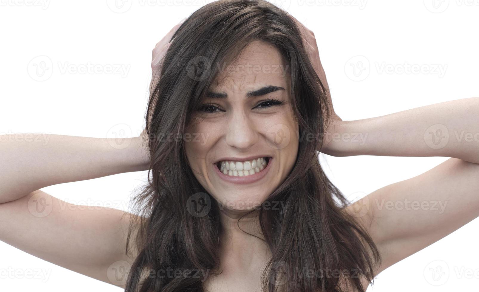 Annoyed stressed woman cover ears feel hurt ear ache pain otitis suffer from loud noise sound headache, irritated stubborn girl deaf hear not listen to noisy music isolated on white studio background photo