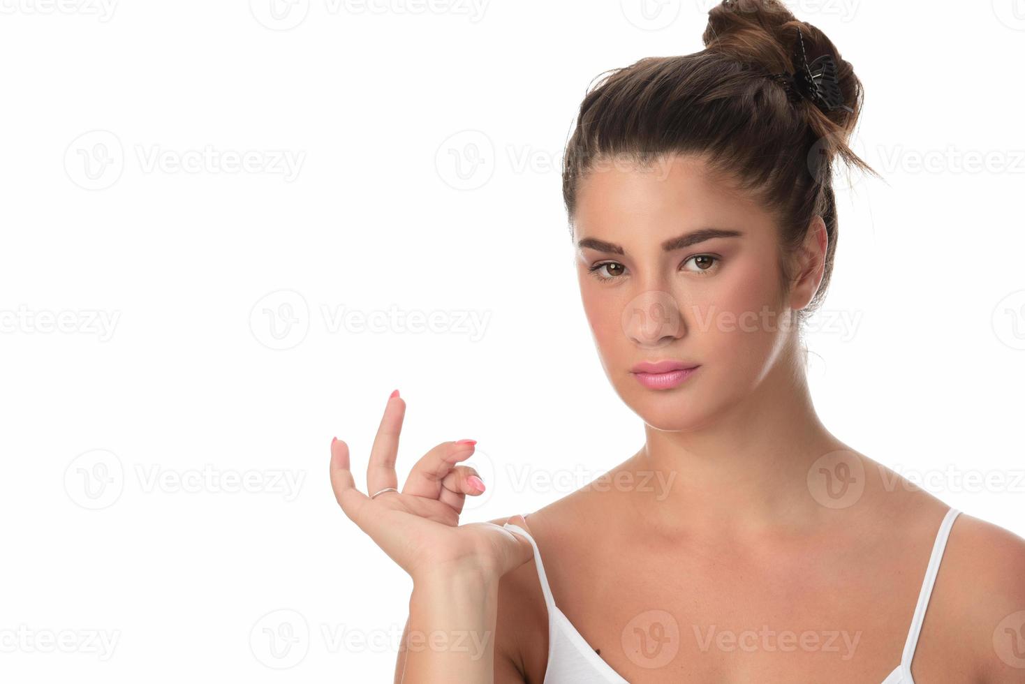 Girl with low self esteem checking her skin in a mirror banner. photo