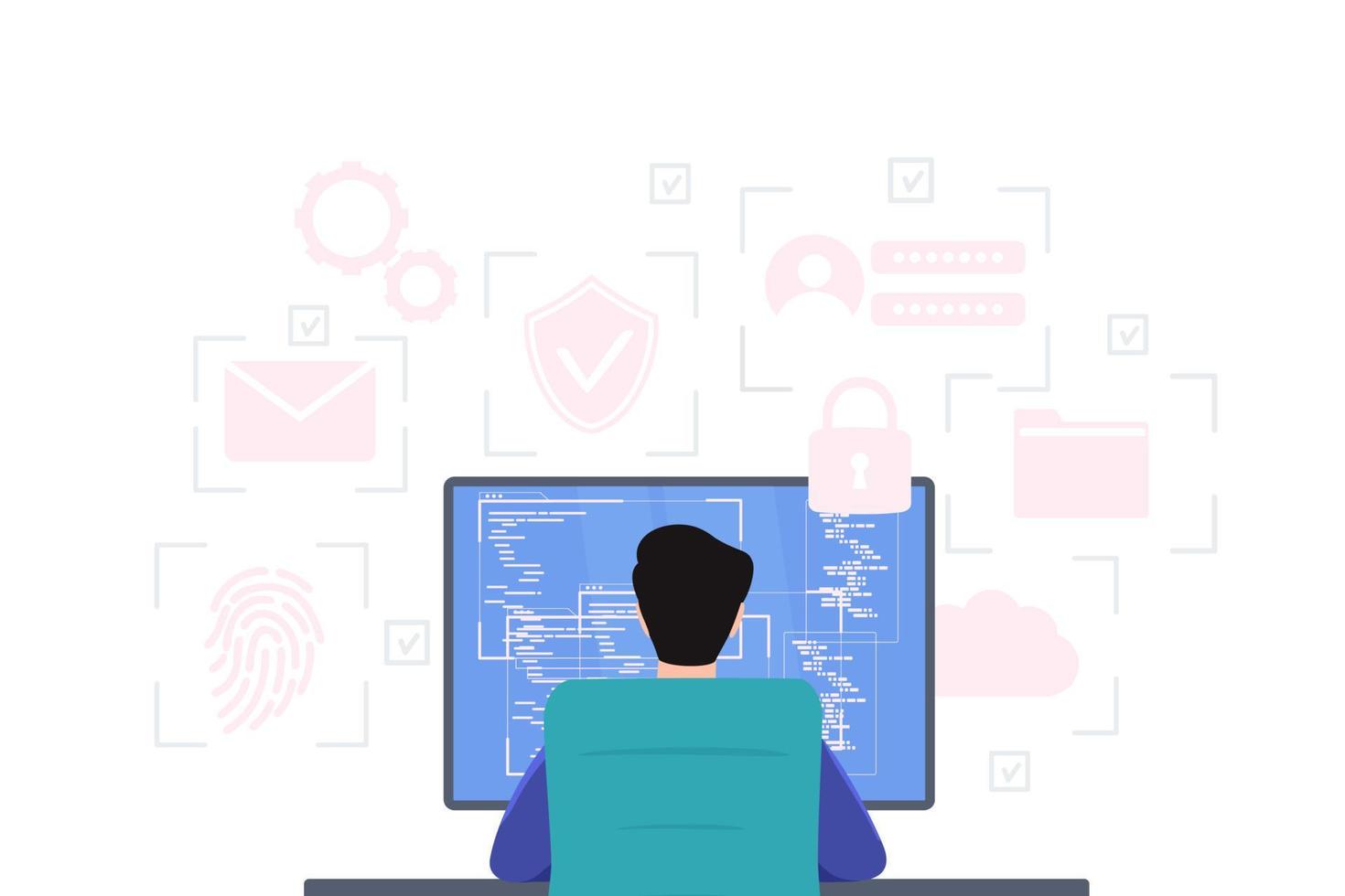 A man sits at a computer, view from the back, work at the monitors, analytical activities. Cyber security, trader, concept. vector