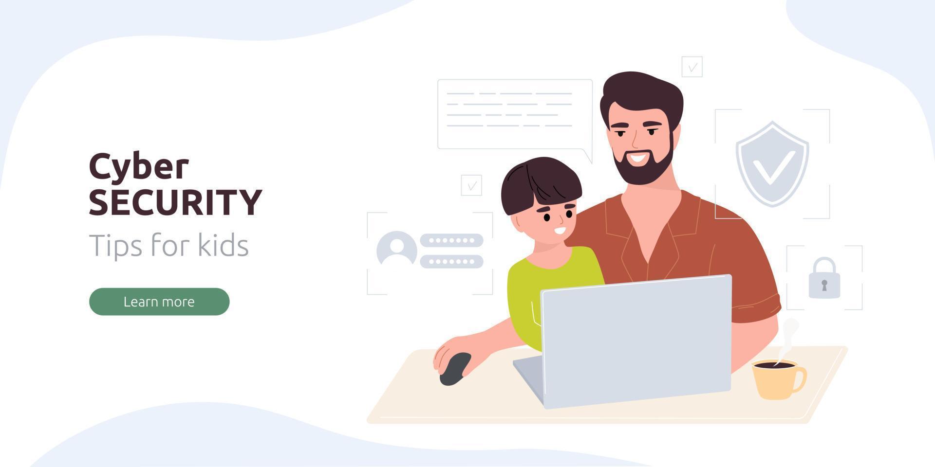 Cyber security web banner or landing page. Dad teaches child cyber security on the Internet. Cyber defense tips for kids. Safe internet concept. Man sits with child at laptop. Vector illustration.
