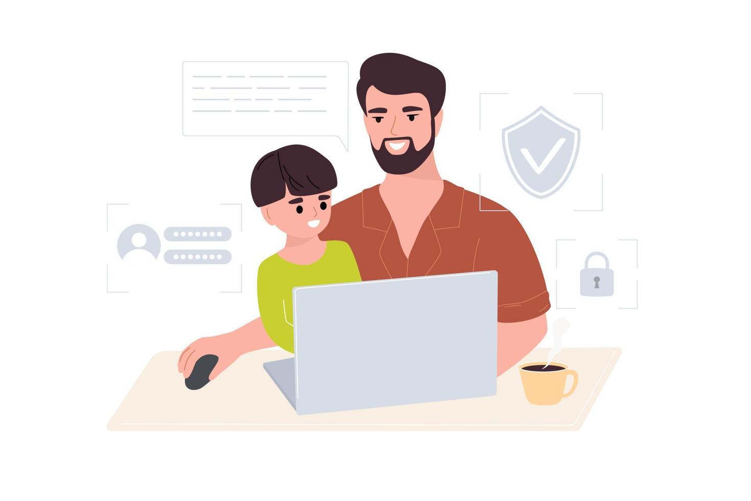 un joven padre e hijo están trabajando en una computadora portátil mientras están sentados en una mesa. padre feliz, un hombre, le enseña a su pequeño hijo cómo usar una computadora portátil e Internet. ilustración vectorial plana. vector