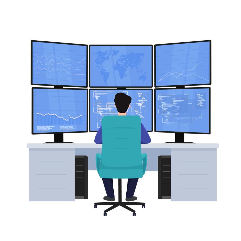 A man sits at a computer, view from the back, work at the monitors, analytical activities. Cyber security, trader, business, programmer concept. vector