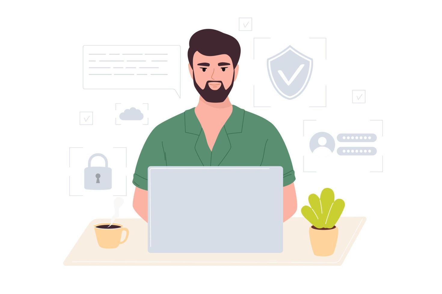 Cyber safety cyber security and privacy concept. Cyber defender works on a laptop. Vector illustration of Security, Personal Access, User Authorization, Internet and Data Protection, Cybersecurity.