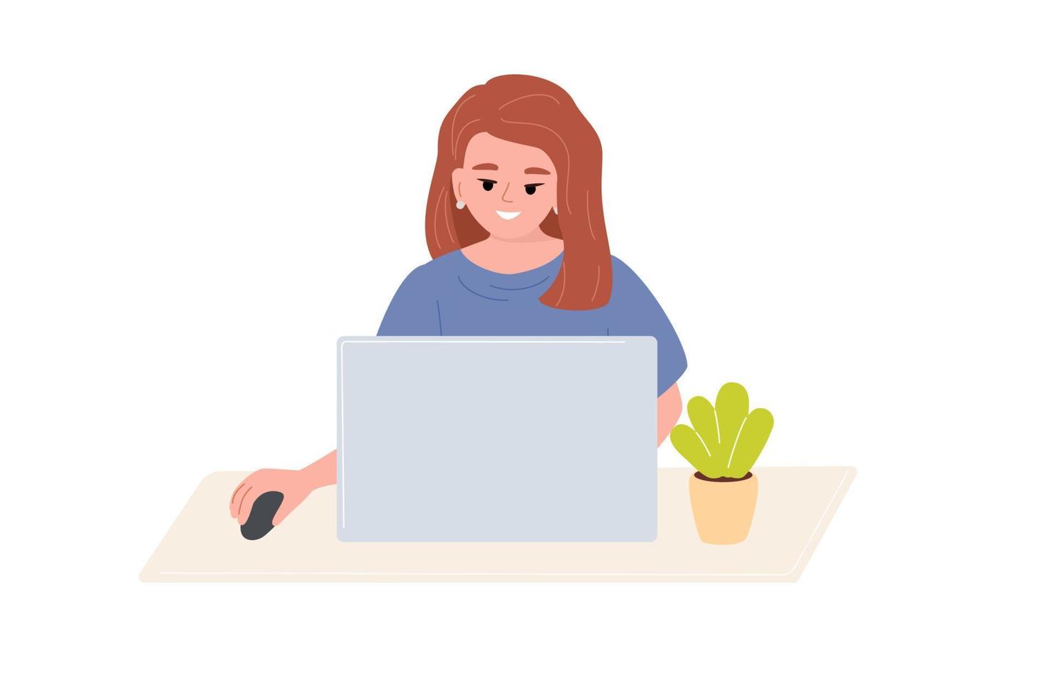 A young woman is sitting at a table and working on a laptop. The concept of working at home or in the office. Flat vector illustration.