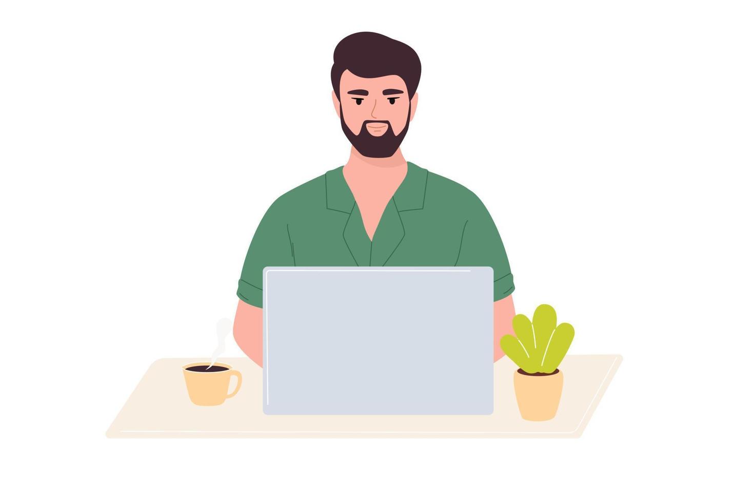 A young woman is sitting at a table and working on a laptop. The concept of working at home or in the office. Flat vector illustration.