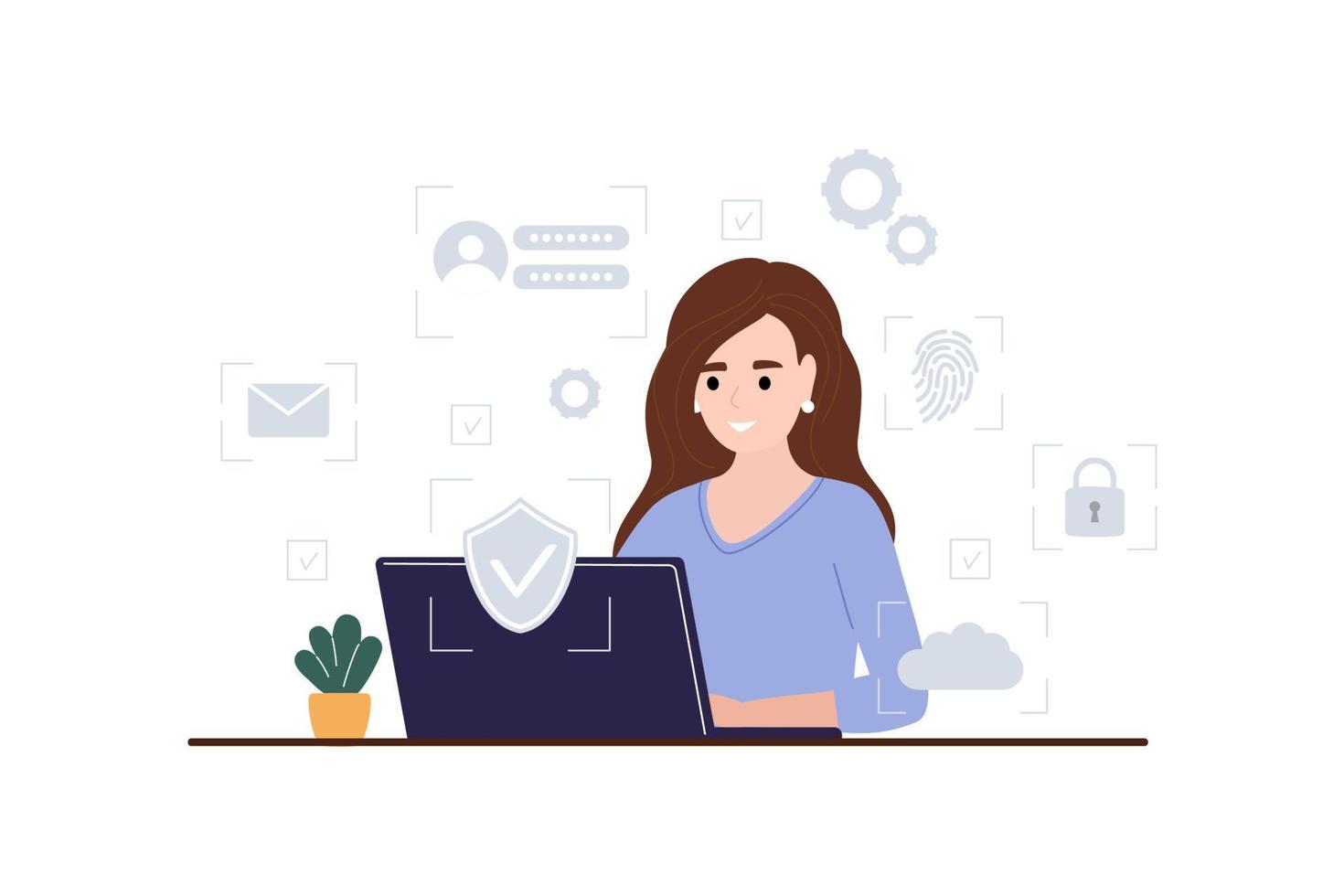 Cyber safety cyber security and privacy concept. Girl works on a laptop. Vector illustration of Security, Personal Access, User Authorization, Internet and Data Protection, Cybersecurity.