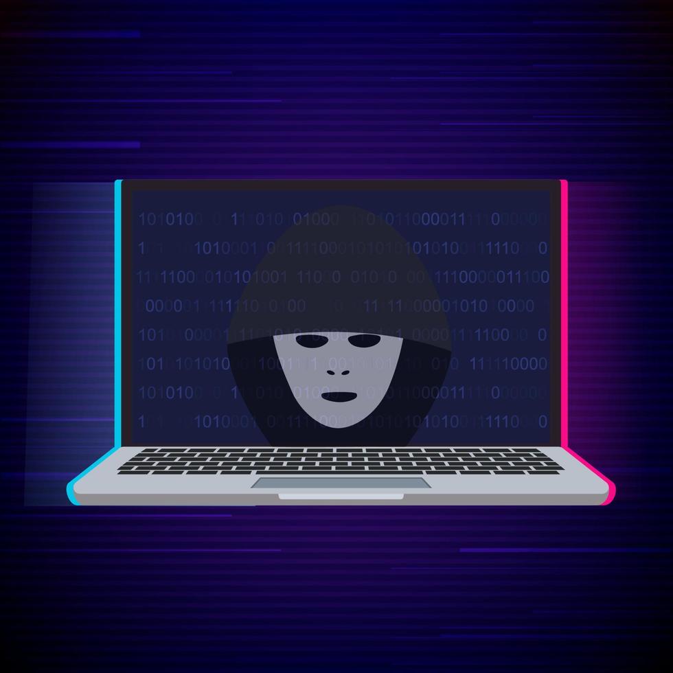 Laptop and anonymous hacker mask. Hacker icon. Vector illustration with glitch effect.