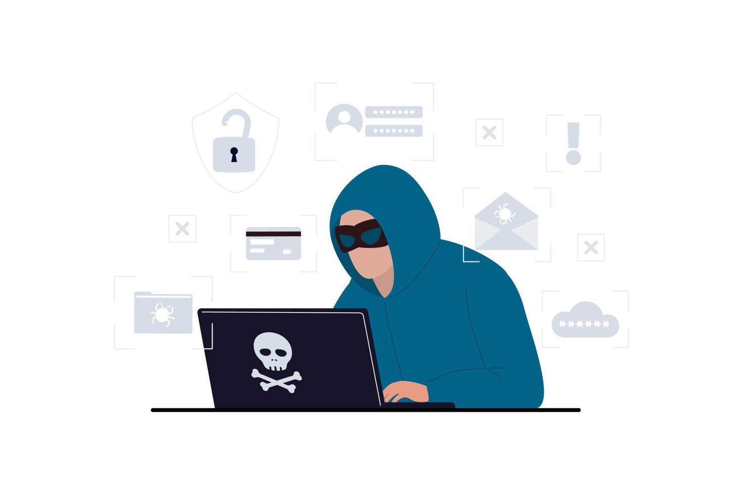 hacker, ciberdelincuente con laptop robando datos personales del usuario. ataque de piratas informáticos y concepto de seguridad web. ilustración vectorial con efecto de falla. vector