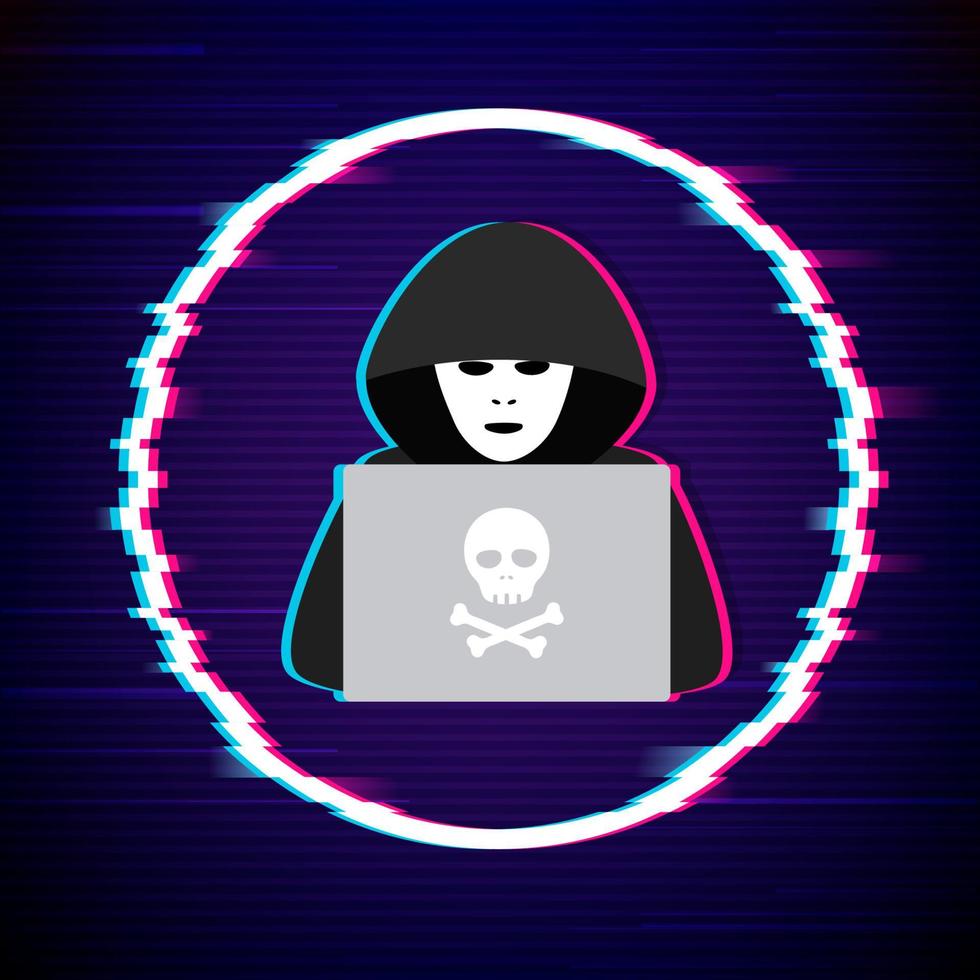 Hacker logo template. Symbol of digital thief with laptop. Hacker icon. Vector illustration with glitch effect.