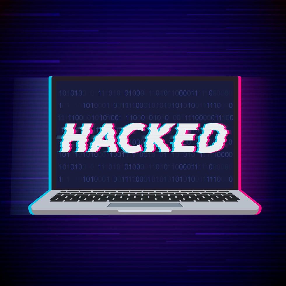Laptop and word hacked. Hacker icon. Vector illustration with glitch effect.