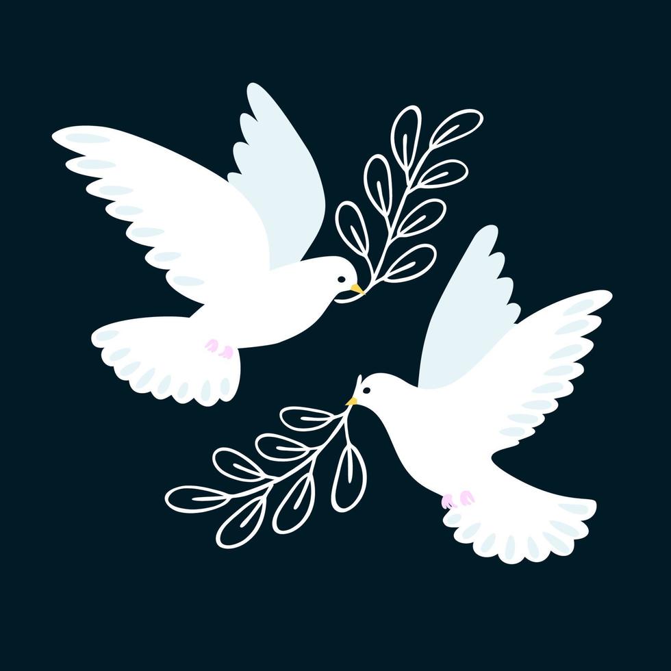 Vector illustration of two doves with olive branch. Symbol of peace and freedom. Use for your design.