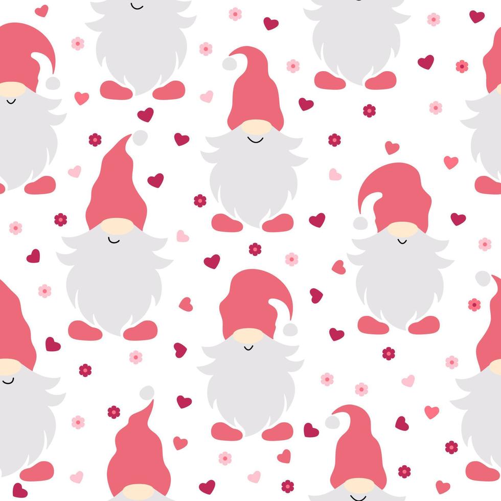 Seamless pattern with gnomes. Valentine's day design. Vector illustration isolated on white background.