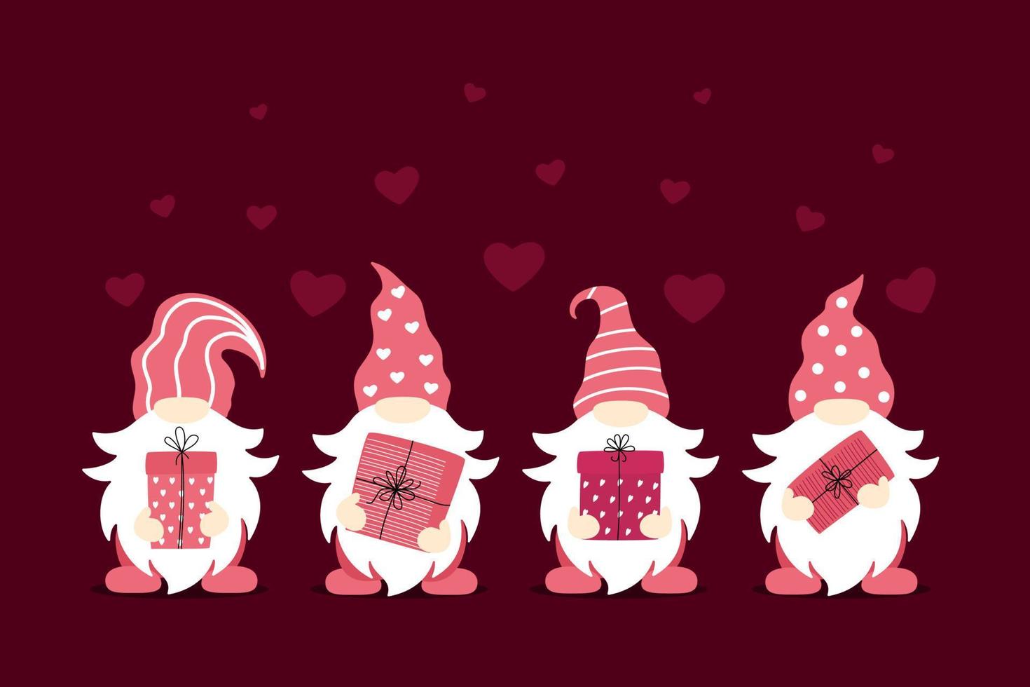 Cute Valentine Gnome with gift. Valentines day design. Vector illustration isolated on dark background.