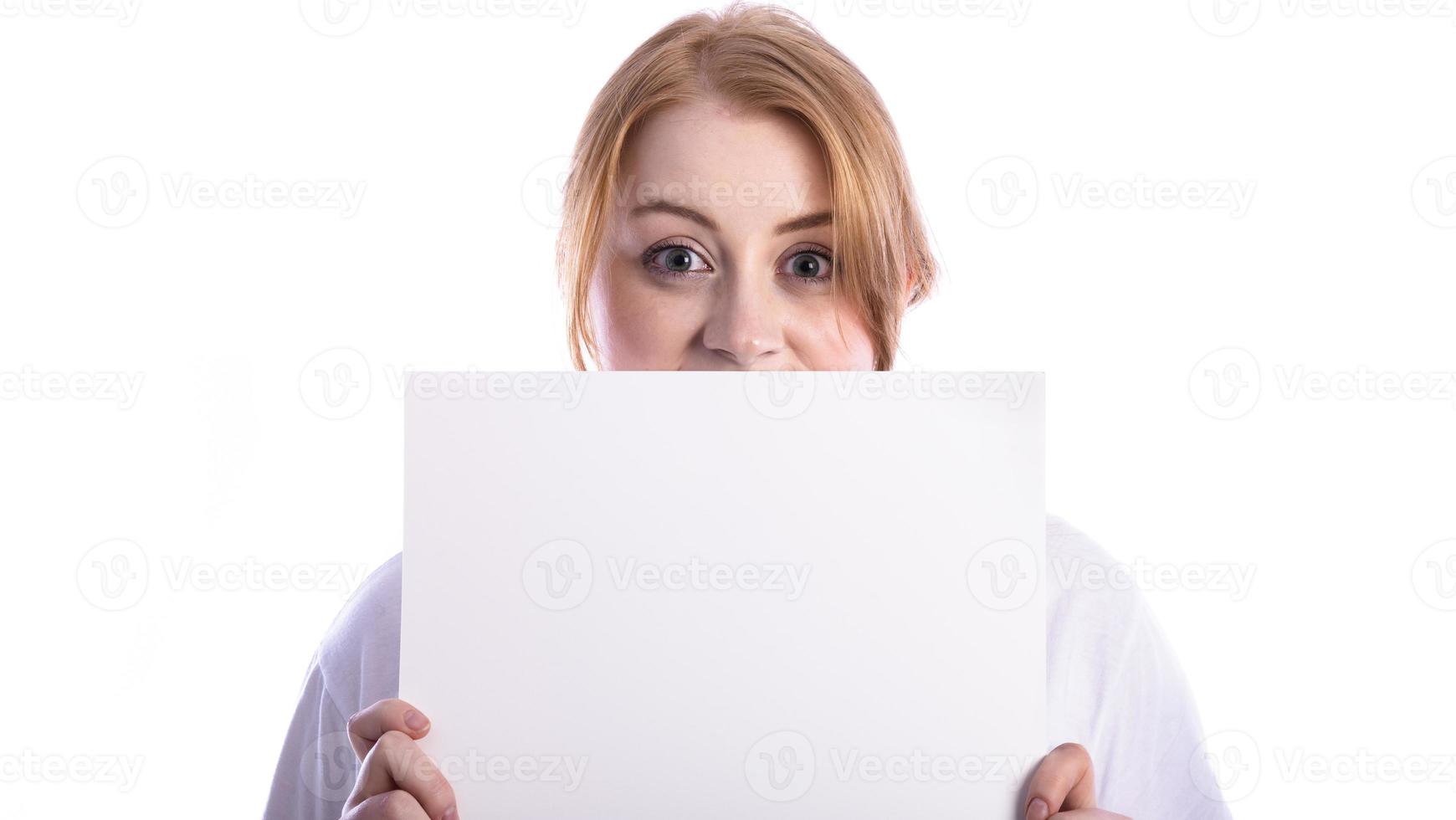 Friendly woman behind a banner ad photo