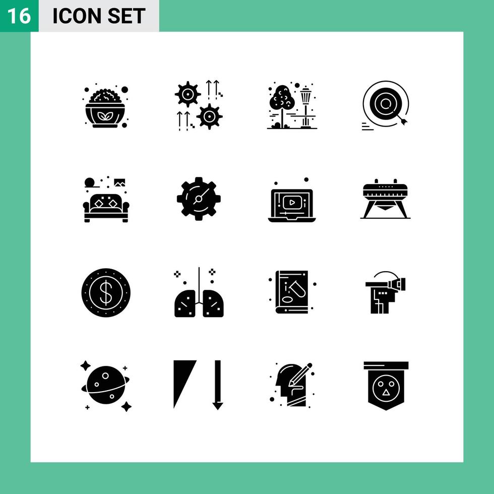 Set of 16 Commercial Solid Glyphs pack for goals target arrow goal park Editable Vector Design Elements