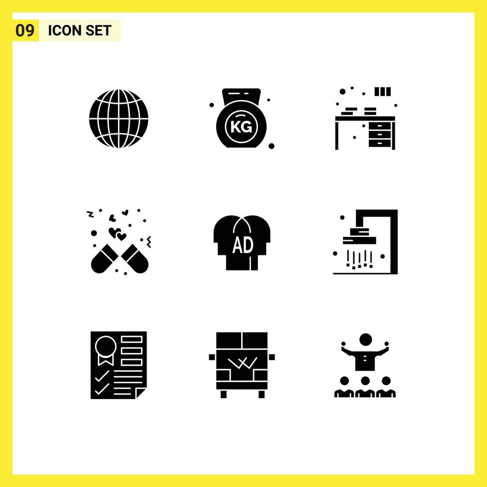 Solid Glyph Pack of 9 Universal Symbols of knowledge medicine book love dose Editable Vector Design Elements
