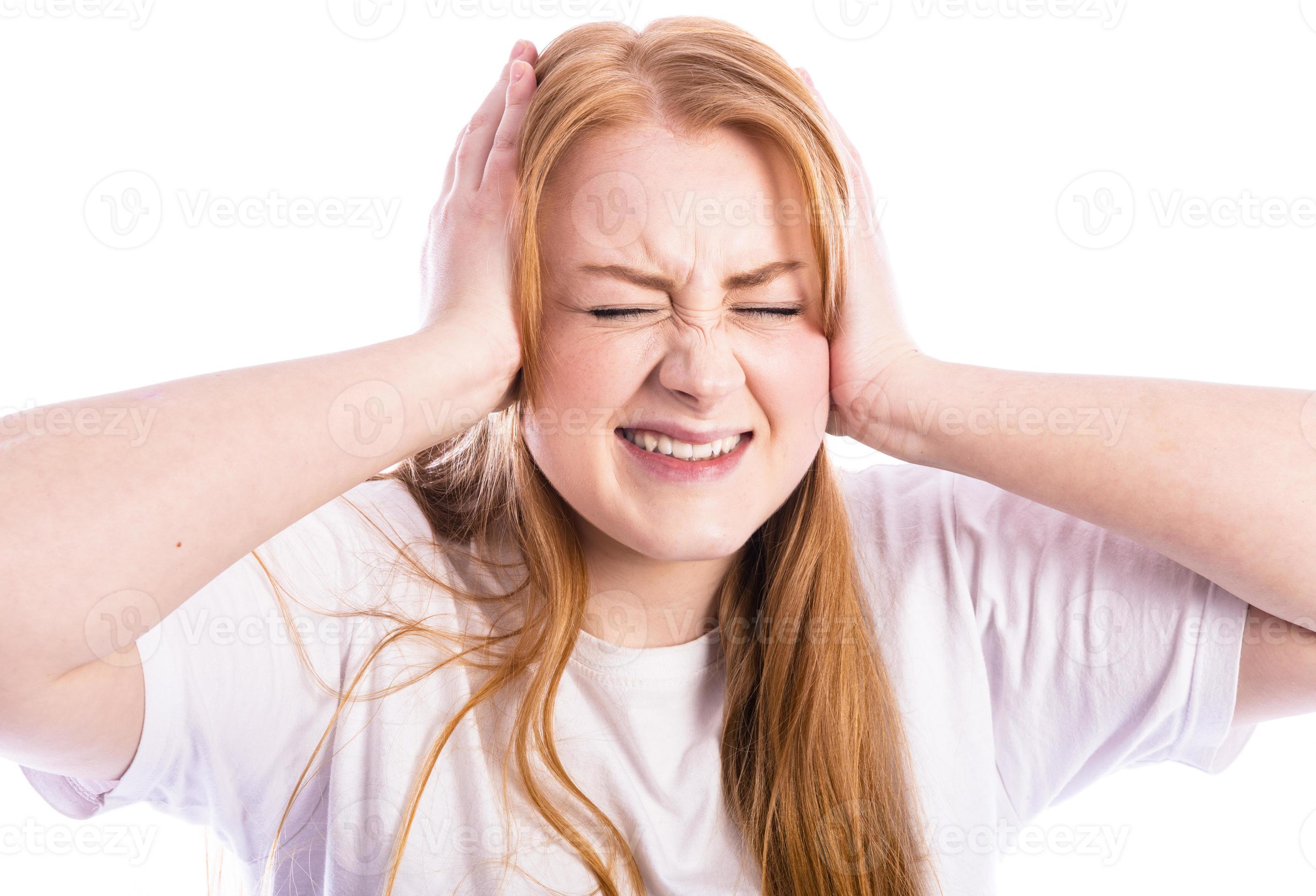 Annoyed stressed woman cover ears feel hurt ear ache pain otitis suffer