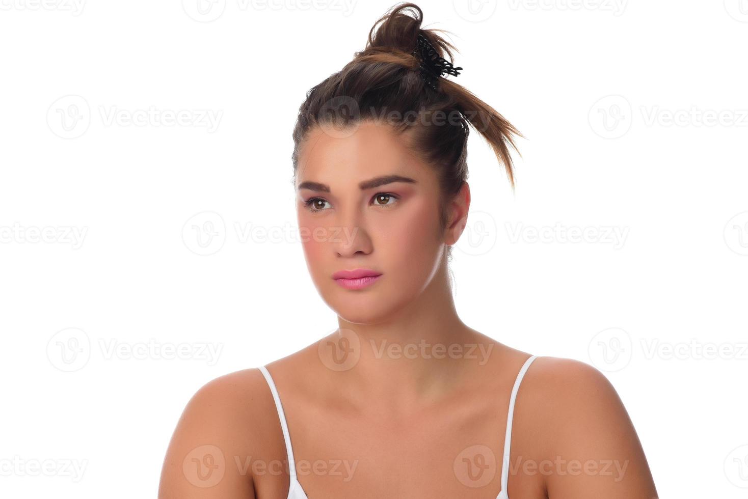 Girl with low self esteem checking her skin in a mirror banner. photo