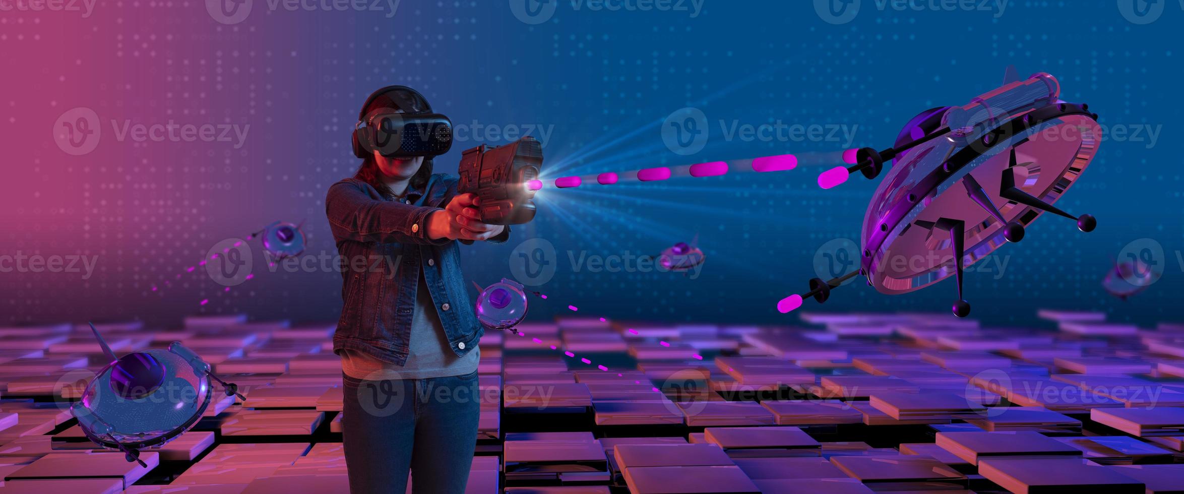 Latin woman smiling with virtual reality glasses with her arms outstretched shooting with her game gun at spaceships inside a virtual space photo