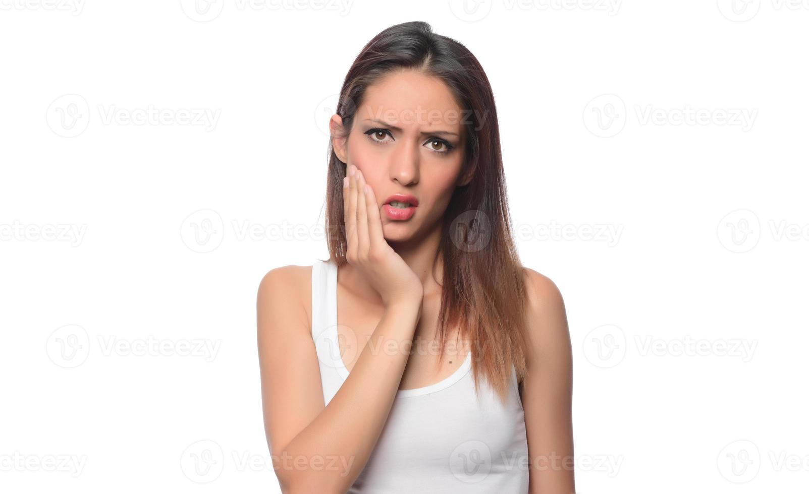 Sad tired young woman touching forehead having headache migraine or depression, upset frustrated girl troubled with problem feel stressed cover crying face with hand suffer from grief sorrow concept photo