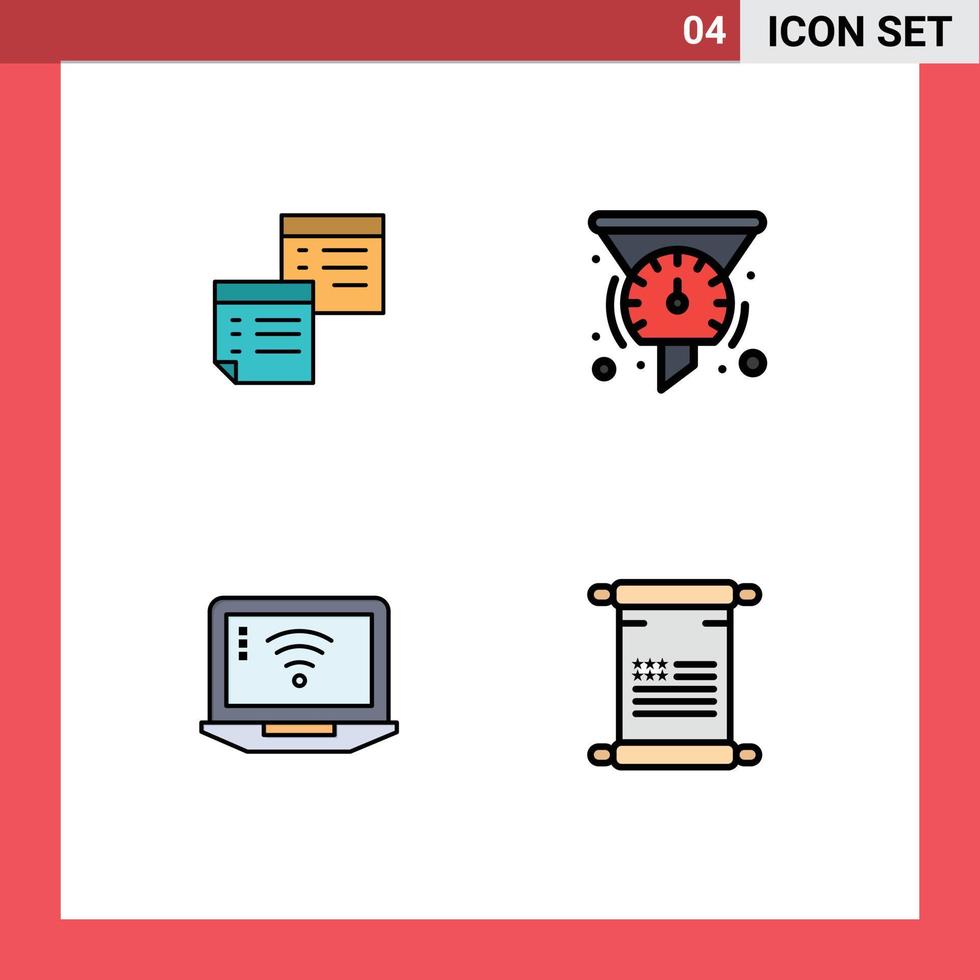 Group of 4 Filledline Flat Colors Signs and Symbols for sticky dashboard notes paper performance Editable Vector Design Elements