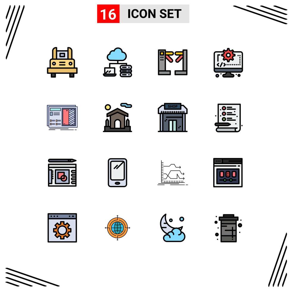 grupo de 16 líneas rellenas de color plano, signos y símbolos para el diseño de equipos de acceso a elementos de diseño de vectores creativos editables por computadora digital
