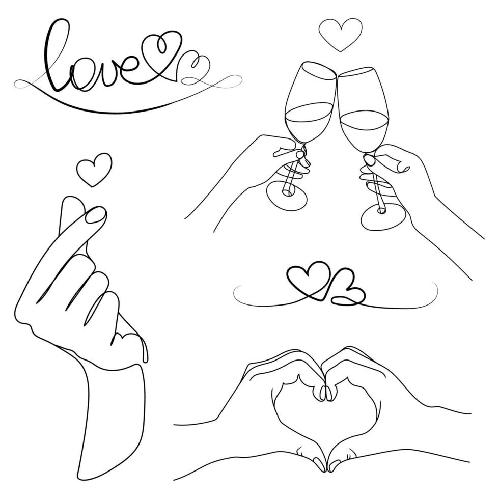 colección de símbolos de signos de amor con manos en forma de corazón, copas de vino, letras, signo de amor coreano estilo lineal simple. elementos de diseño vectorial establecidos para el día de san valentín, impresión, emblema, tatuaje, concepto romántico vector