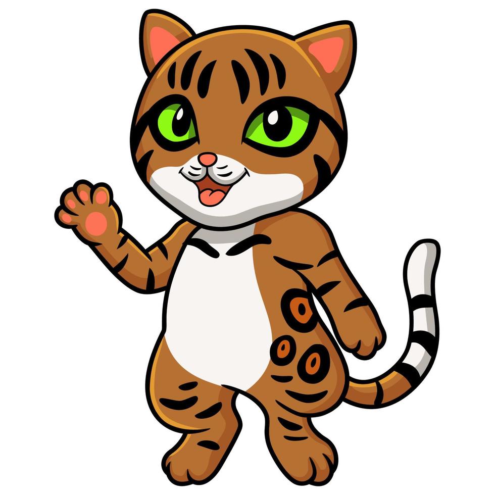 lindo gato de bengala dibujos animados agitando la mano vector