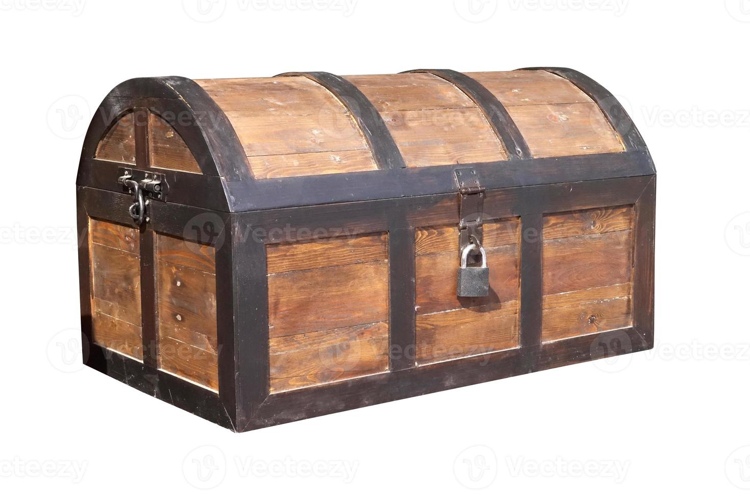 Vintage wooden chest with key lock isolated. photo