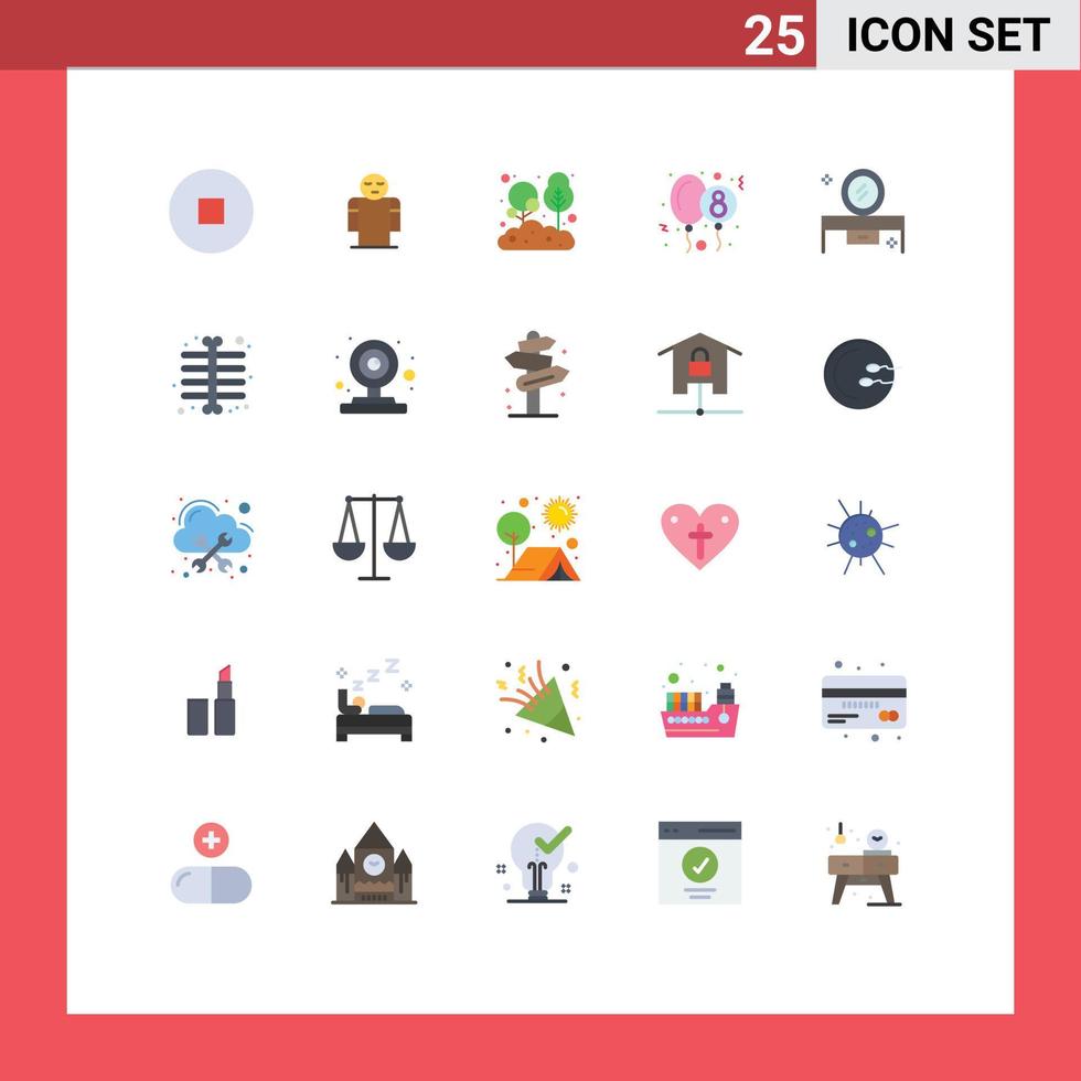 25 User Interface Flat Color Pack of modern Signs and Symbols of dressing table beauty salon mirror natural eight day celebration Editable Vector Design Elements