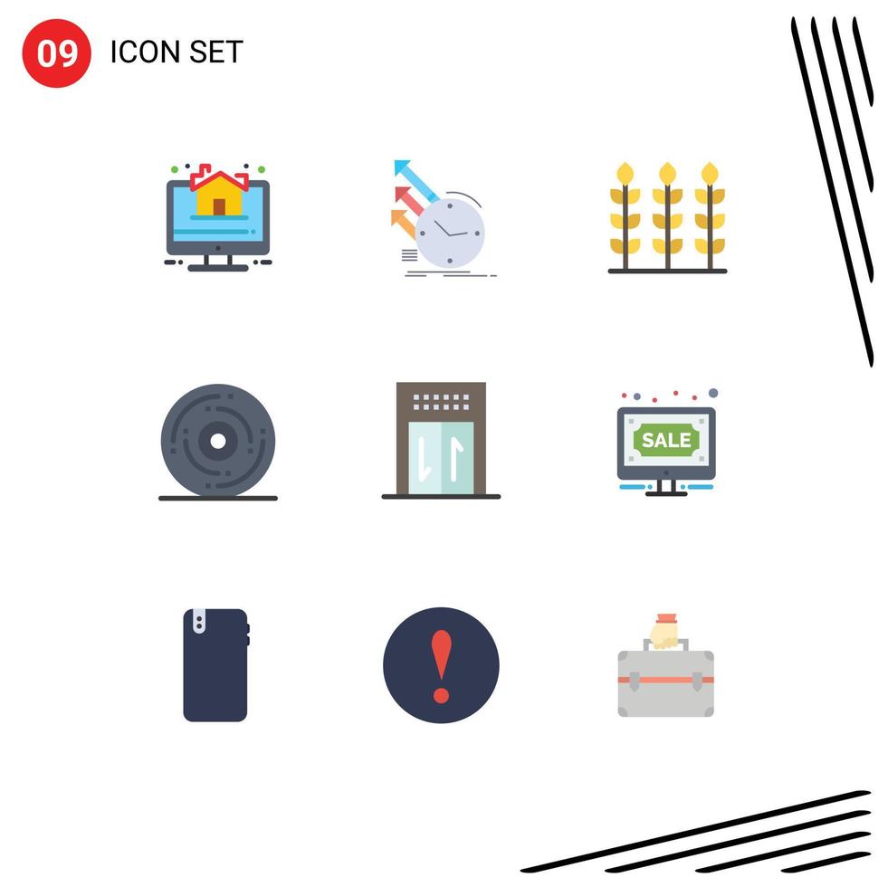 Group of 9 Flat Colors Signs and Symbols for elevator holiday research happy celebration Editable Vector Design Elements