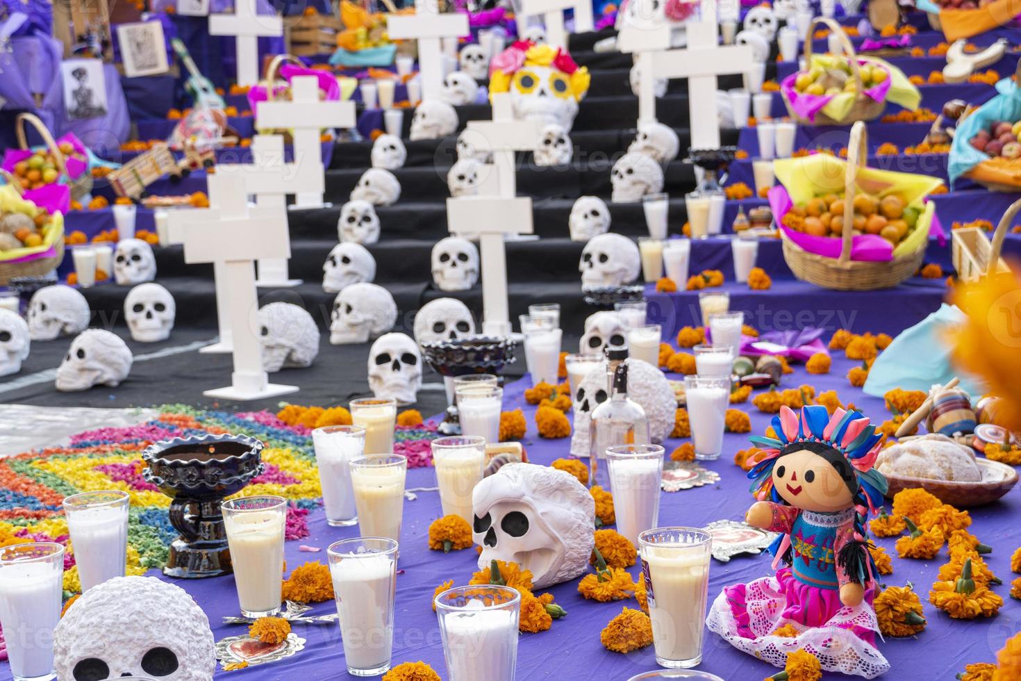 día del altar muerto, cempasuchil por todo el piso en fondo morado foto