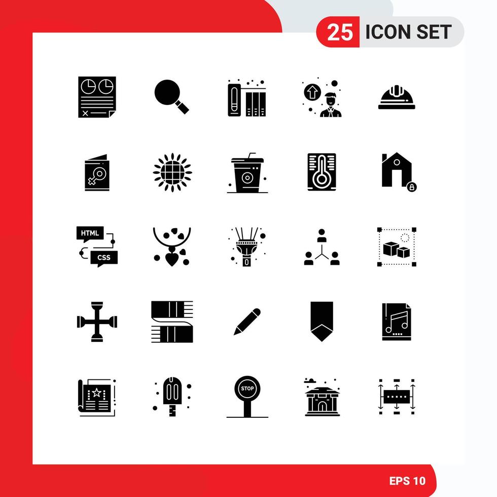 Modern Set of 25 Solid Glyphs and symbols such as helmet promotion concept search professional growth history Editable Vector Design Elements