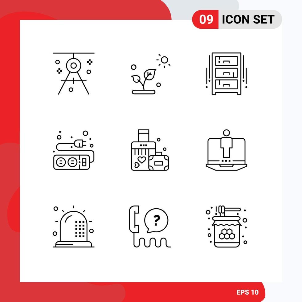 conjunto moderno de 9 contornos pictograma de cable enchufe sol oficina eléctrica dibujar elementos de diseño vectorial editables vector