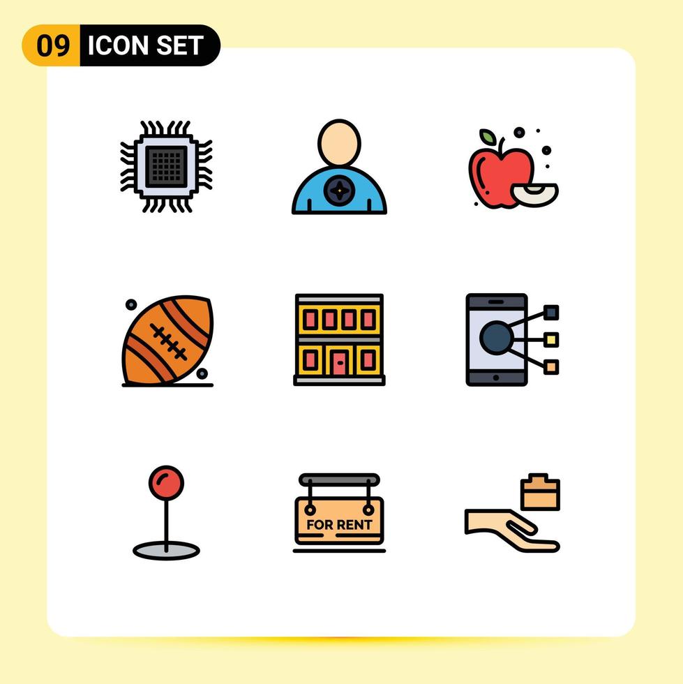 Stock Vector Icon Pack of 9 Line Signs and Symbols for construction rugby favorite ball fruit Editable Vector Design Elements