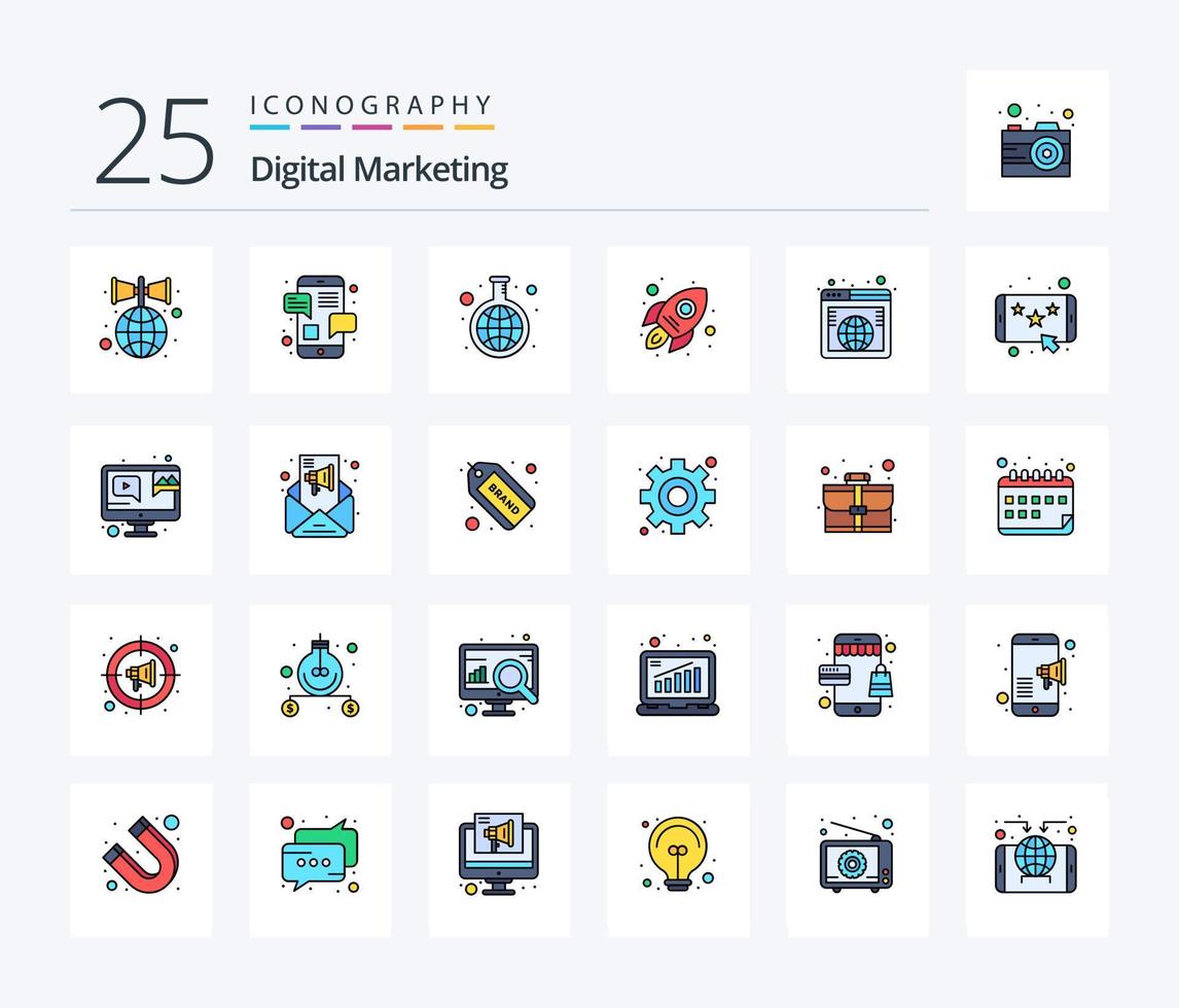 Digital Marketing 25 Line Filled icon pack including international. startup. experiment. rocket. business vector