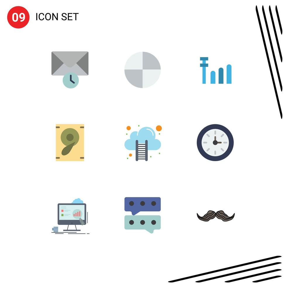 Flat Color Pack of 9 Universal Symbols of time alarm music stairs cloud hosting Editable Vector Design Elements